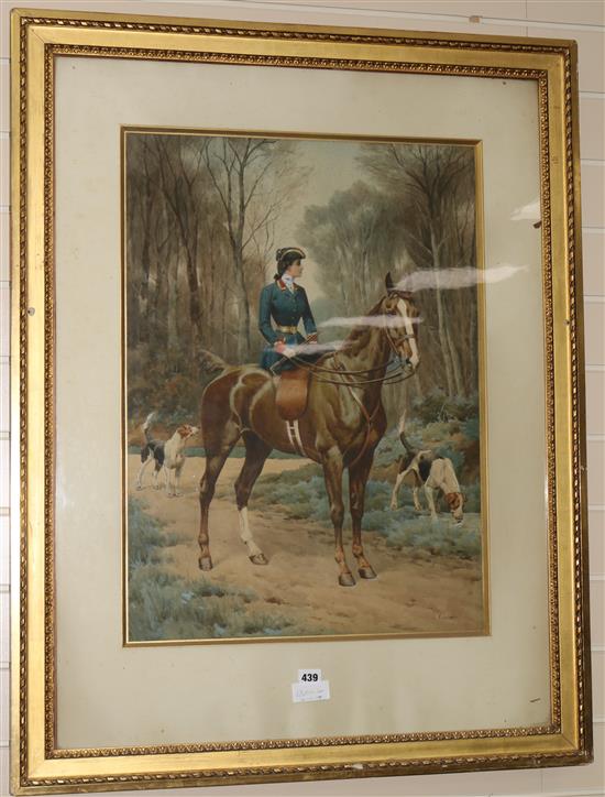 De Condemy Young lady huntswoman and hounds, 26.5 x 19in.